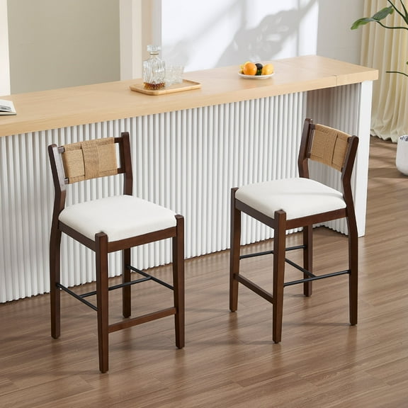 Guyou 26" Rattan Barstools Set of 2, Boho Solid Wood Counter Height Bar Stools, Chenille Upholstered Kitchen Island Chairs for Dining Room Bar, White