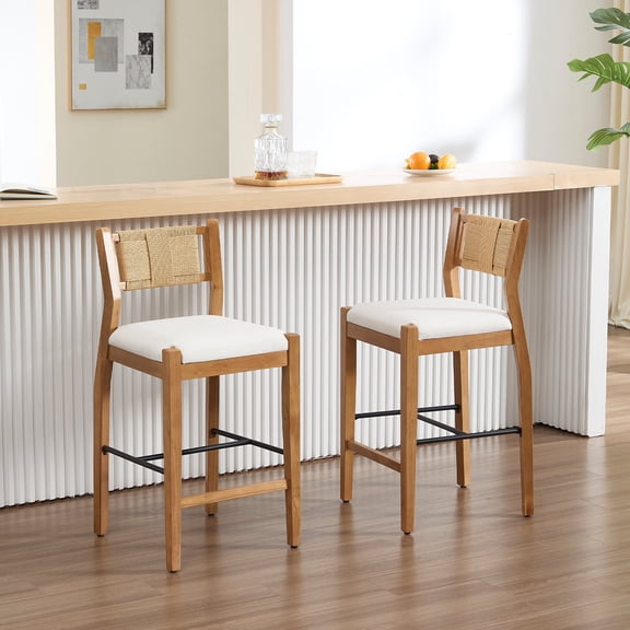 Guyou 26" Rattan Barstools Set of 2, Boho Solid Wood Counter Height Bar Stools, Linen Upholstered Kitchen Island Chairs for Dining Room Bar, Beige