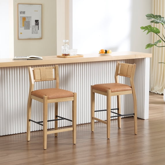 Guyou 26" Rattan Barstools Set of 2, Boho Solid Wood Counter Height Bar Stools, PU Upholstered Kitchen Island Chairs for Dining Room Bar, Brown