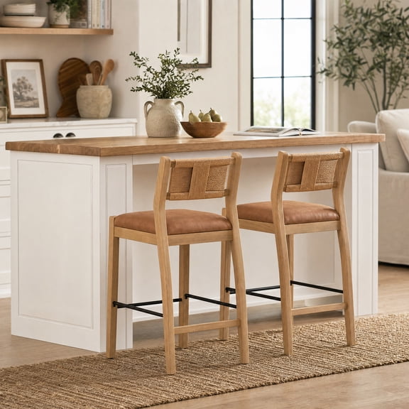Guyou 26" Rattan Barstools Set of 2, Boho Solid Wood Counter Height Bar Stools, PU Upholstered Kitchen Island Chairs for Dining Room Bar, Brown