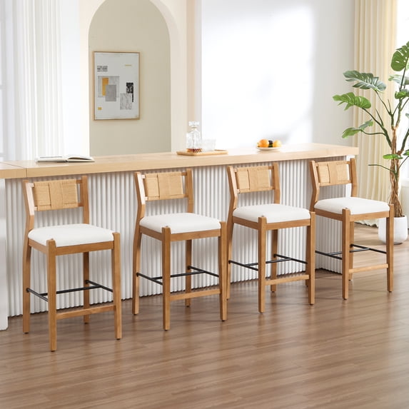 Guyou 26" Rattan Barstools Set of 4, Boho Solid Wood Counter Height Bar Stools, Linen Upholstered Kitchen Island Chairs for Dining Room Bar, Beige