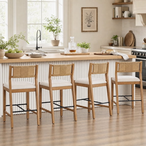 Guyou 26" Rattan Barstools Set of 4, Boho Solid Wood Counter Height Bar Stools, Linen Upholstered Kitchen Island Chairs for Dining Room Bar, Beige