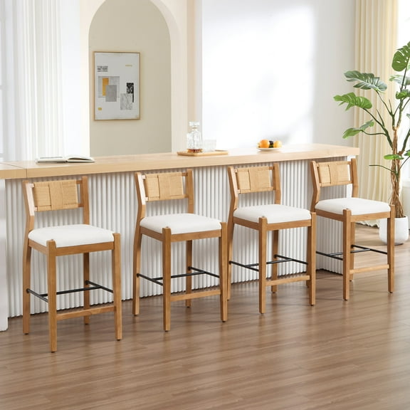 Guyou 26" Rattan Barstools Set of 4, Boho Solid Wood Counter Height Bar Stools, Linen Upholstered Kitchen Island Chairs for Dining Room Bar, Beige