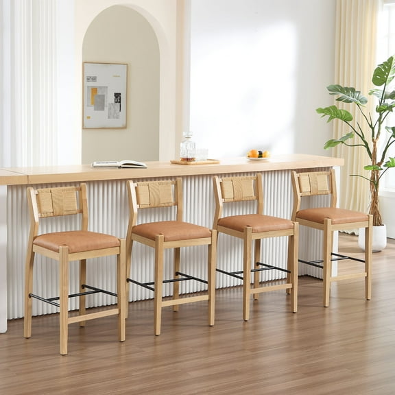 Guyou 26" Rattan Barstools Set of 4, Boho Solid Wood Counter Height Bar Stools, PU Upholstered Kitchen Island Chairs for Dining Room Bar, Brown