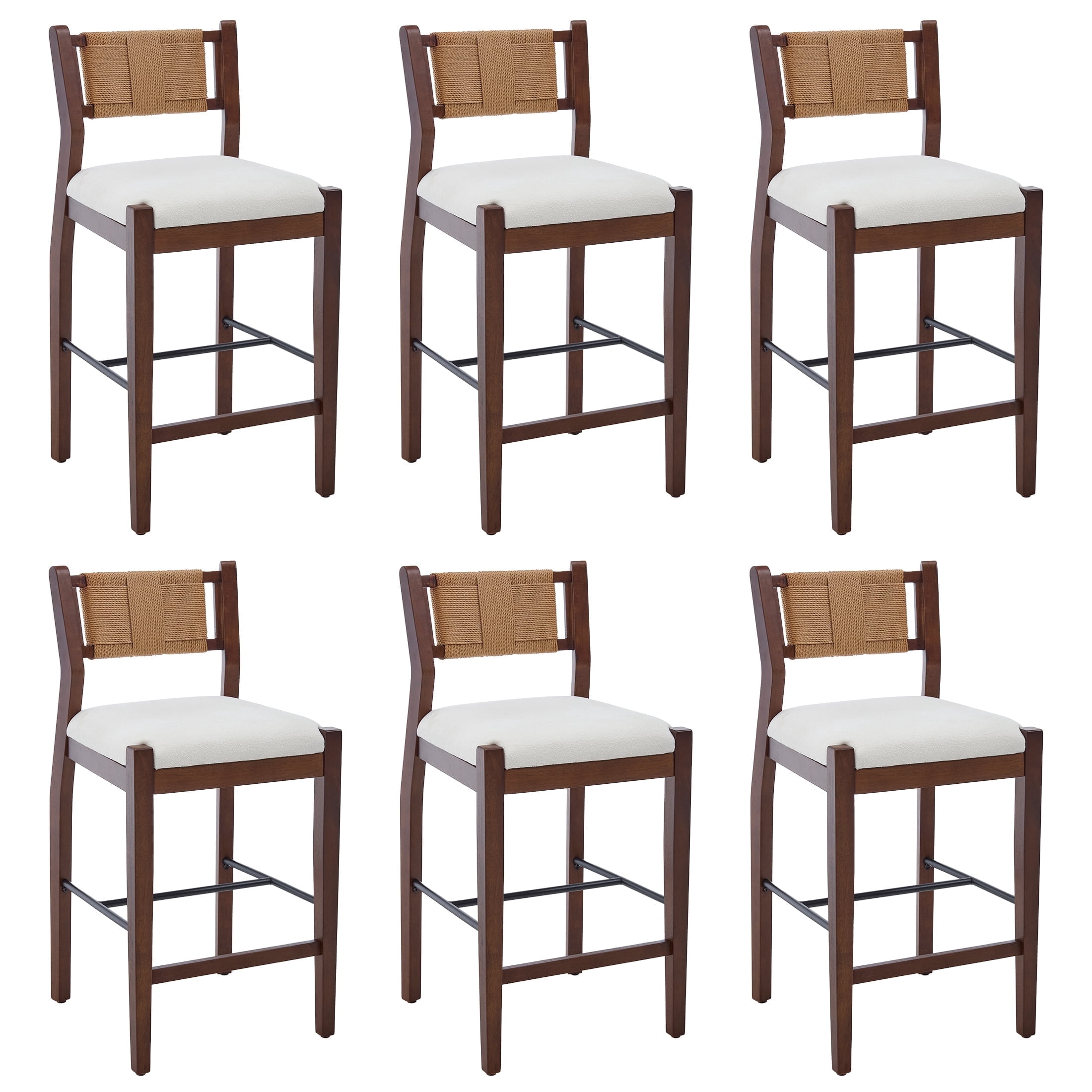 Guyou 26" Rattan Barstools Set of 6, Boho Solid Wood Counter Height Bar Stools, Chenille Upholstered Kitchen Island Chairs for Dining Room Bar, White