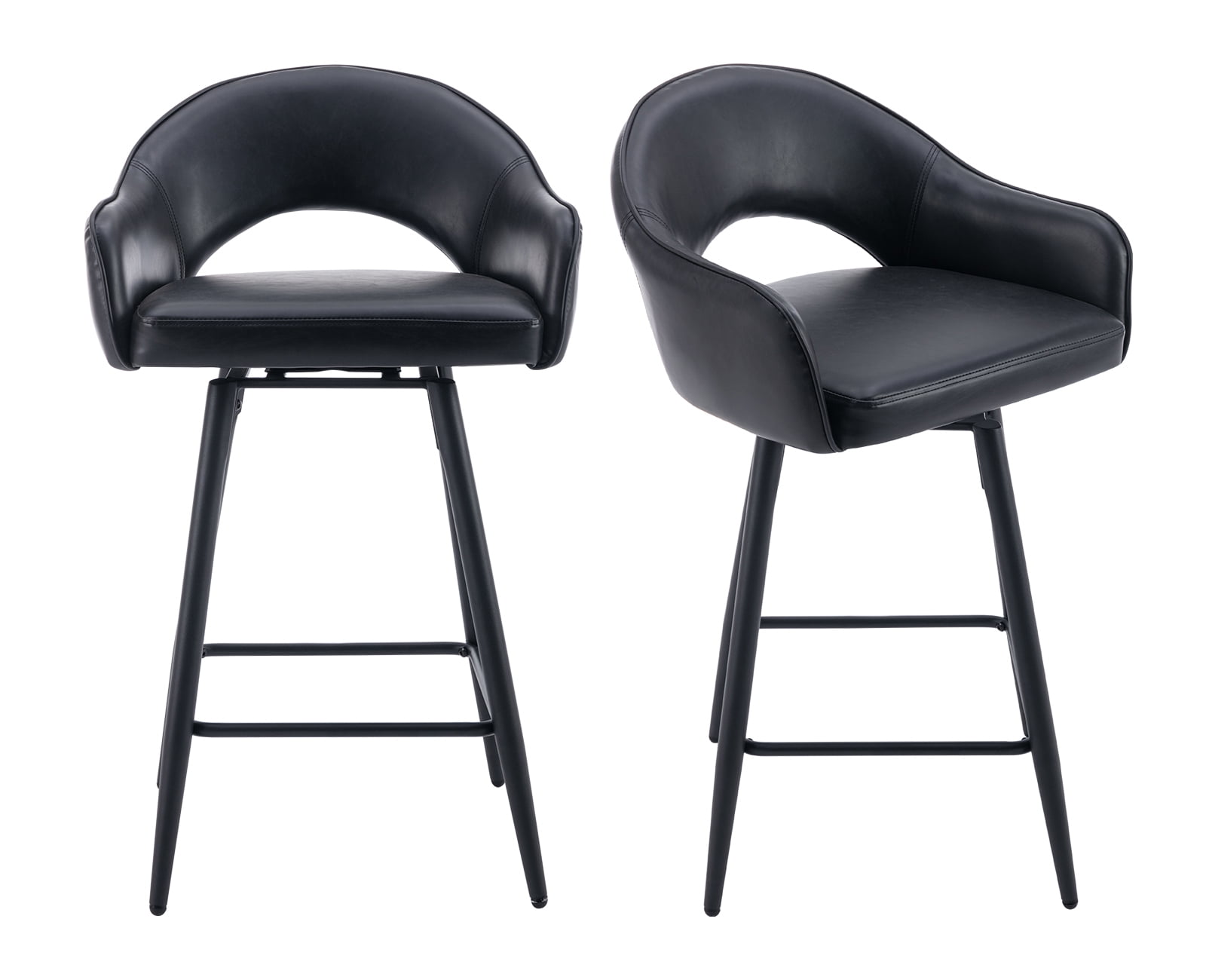 Set Of 4 Black PU Leather Bar Stools - 360° Swivel Counter Height Stools With Metal Footrest, Mid-Century Modern Style For Kitchen & Dining