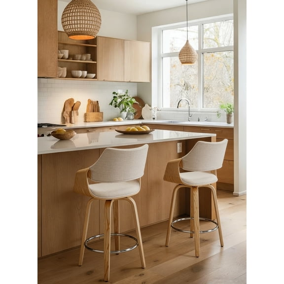 Guyou 26" Swivel Counter Stools Set of 2, Modern Barrel Chenille Kitchen Island Stools, Farmhouse Solid Wood Counter Height Barstools, Bar Height Island Chairs with Back and Wood Frame, Beige