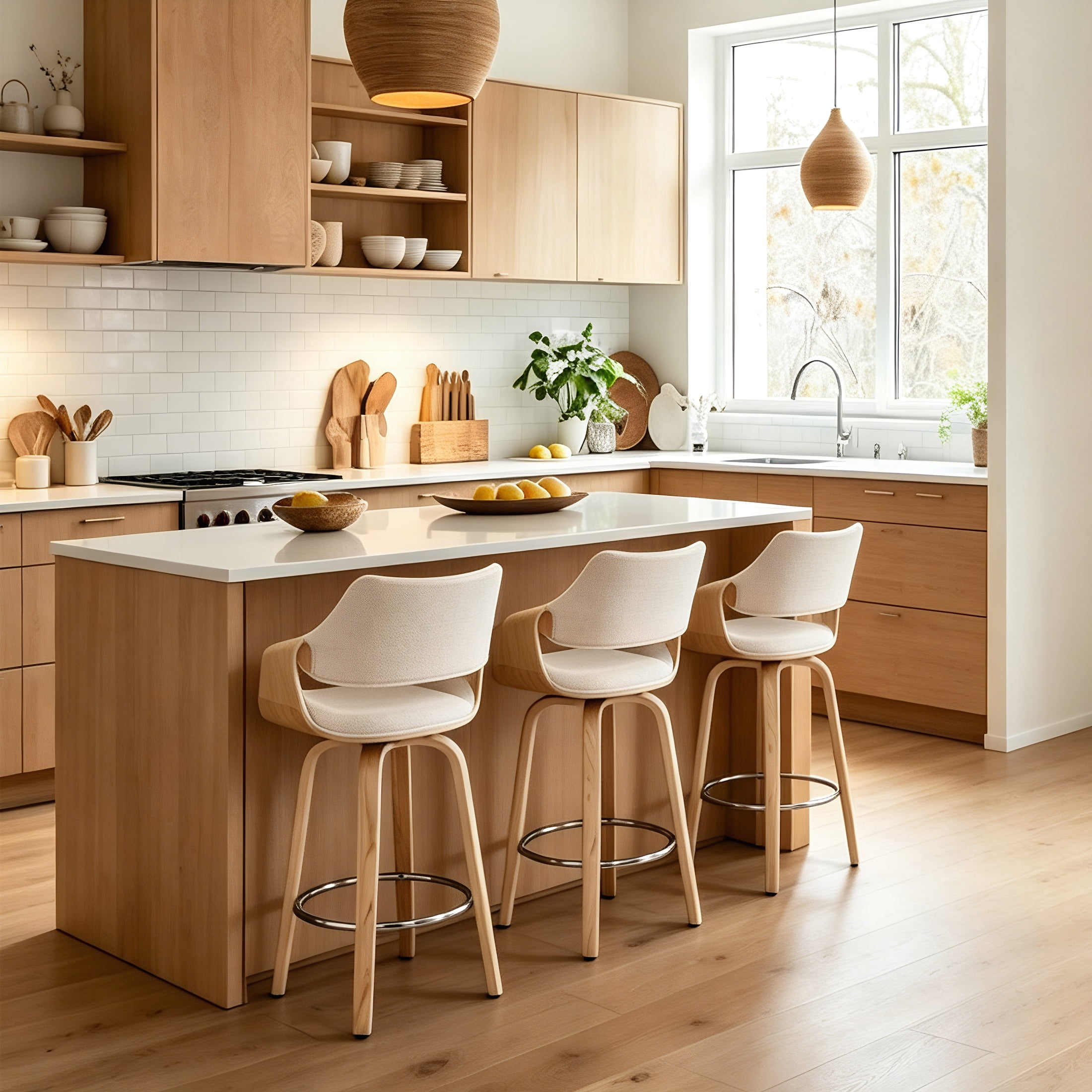 Guyou 26" Swivel Counter Stools Set of 4, Modern Barrel Chenille Kitchen Island Stools, Farmhouse Solid Wood Counter Height Barstools, Bar Height Island Chairs with Back and Wood Frame, Beige