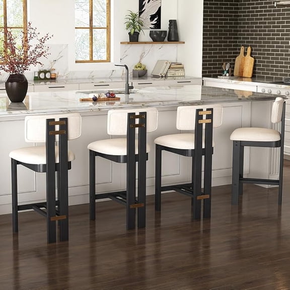 Guyou 26" Farmhouse Bar Stools Set of 4, Modern Armless Counter Height Kitchen Stools, Linen Upholstered Bar Chairs with Natural Wooden Legs, French Country Stools for Kitchen Island, Black
