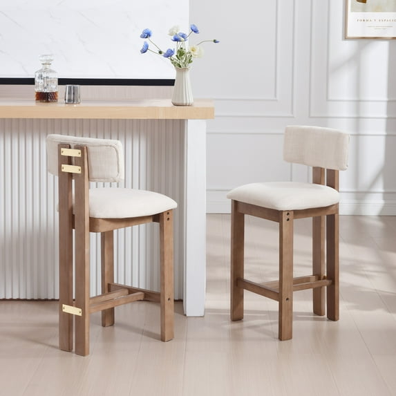 Guyou 26" Farmhouse Bar Stools Set of 2, Modern Armless Counter Height Kitchen Stools, Linen Upholstered Bar Chairs with Natural Wooden Legs, French Country Stools for Kitchen Island, Begie