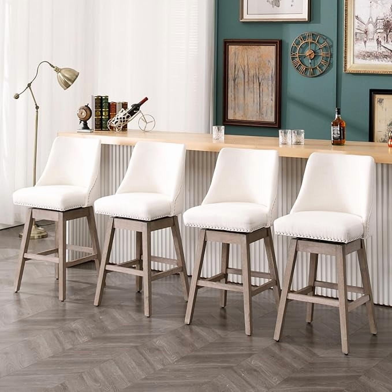 Guyou 27.5"Counter Height Bar Stools Set of 4, Nailhead Trim Linen Barstools with Back and Wood Legs, 360°Swivel Upholstered Stool Chairs for Kitchen Island Breakfast Bar Restaurant, Cream