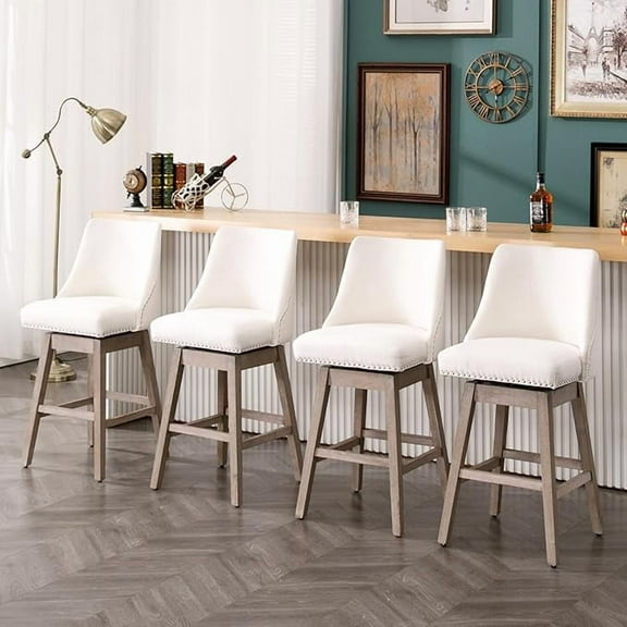 Guyou 27.5"Counter Height Bar Stools Set of 4, Nailhead Trim Linen Barstools with Back and Wood Legs, 360°Swivel Upholstered Stool Chairs for Kitchen Island Breakfast Bar Restaurant, Cream