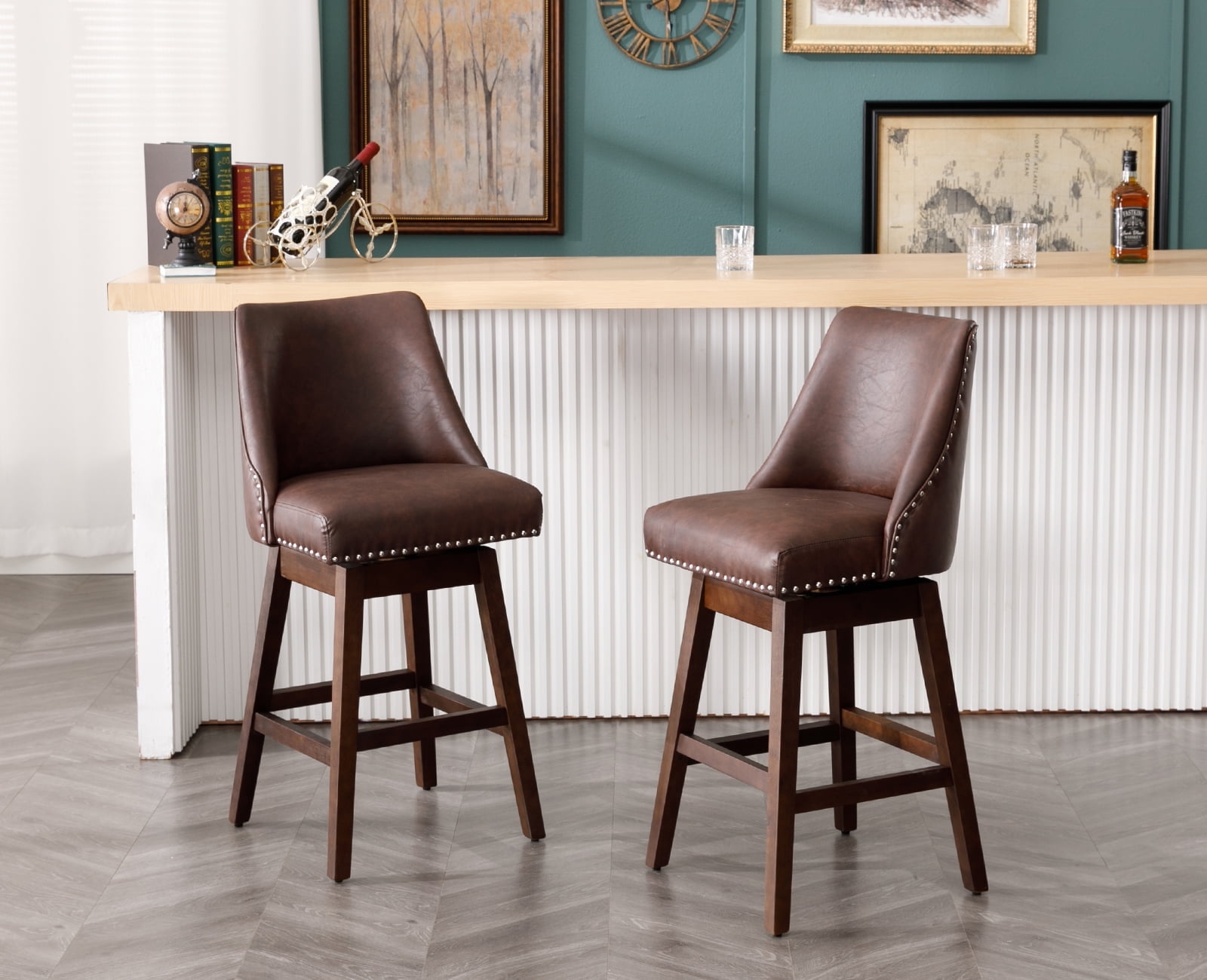 Guyou 27.5"Counter Height Bar Stools Set of 2, Nailhead Trim Leather Barstools with Back and Wood Legs, 360°Swivel Upholstered Stool Chairs for Kitchen Island Breakfast Bar Restaurant, Chocolate