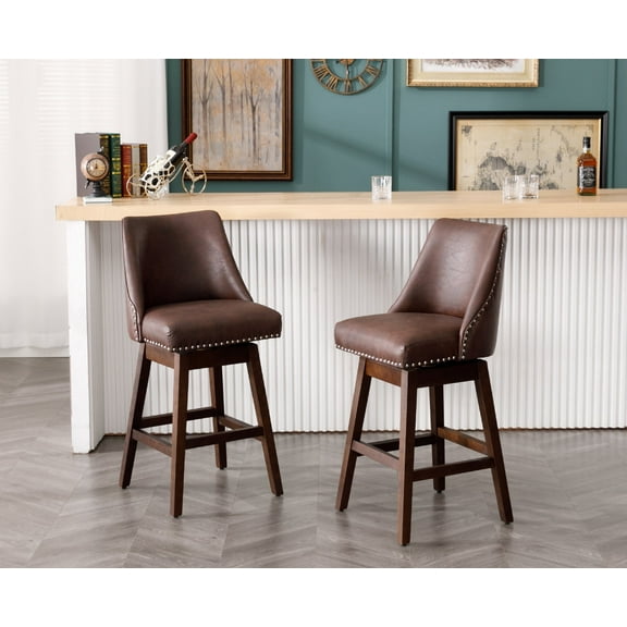 Guyou 27.5"Counter Height Bar Stools Set of 2, Nailhead Trim Leather Barstools with Back and Wood Legs, 360°Swivel Upholstered Stool Chairs for Kitchen Island Breakfast Bar Restaurant, Chocolate
