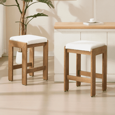 Guyou 27" Farmhouse Wooden Bar stools, Backless Saddle Counter Height Stools with Upholstered Cushion for Kitchen Island/Counter/Bar, Linen White(Set of 2)