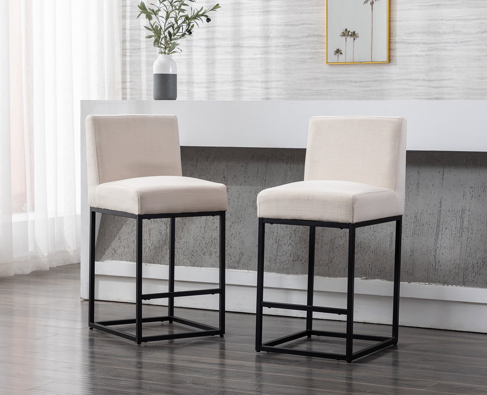 Guyou 27" Height Linen Upholstered Bar Stool Set of 2, Modern Metal Counter Height Stool with Mid Backrest and Footrest for Kitchen Island Bar Restaurant, Cream