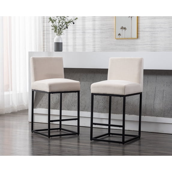 Guyou 27" Height Linen Upholstered Bar Stool Set of 2, Modern Metal Counter Height Stool with Mid Backrest and Footrest for Kitchen Island Bar Restaurant, Cream