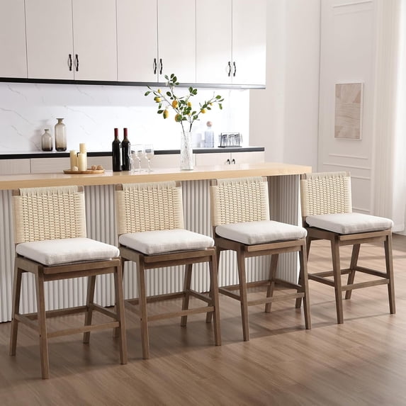 Guyou Woven Counter Height Bar Stools Set of 4, 29" Natural Wood Bar stools with Seagrass Back for Kitchen Island, Farmhouse & Coastal, Begie