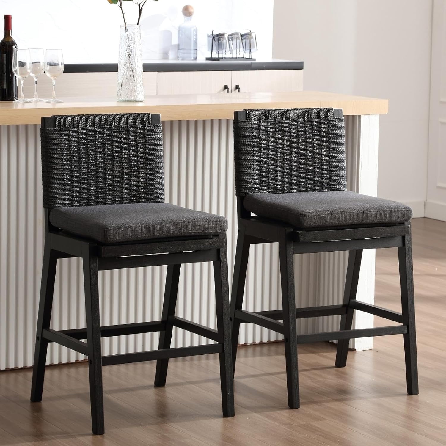 Guyou Woven Counter Height Bar Stools Set of 2, 29" Natural Wood Bar stools with Seagrass Back for Kitchen Island, Farmhouse & Coastal, Charcoal