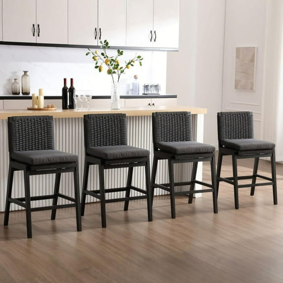 Guyou Woven Counter Height Bar Stools Set of 4, 29" Natural Wood Bar stools with Seagrass Back for Kitchen Island, Farmhouse & Coastal, Charcoal