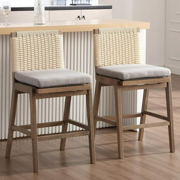 Guyou Woven Counter Height Bar Stools Set of 2, 29" Natural Wood Bar stools with Seagrass Back for Kitchen Island, Farmhouse & Coastal, Gray