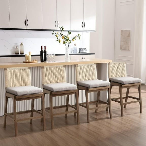 Guyou Woven Counter Height Bar Stools Set of 4, 29" Natural Wood Bar stools with Seagrass Back for Kitchen Island, Farmhouse & Coastal, Gray
