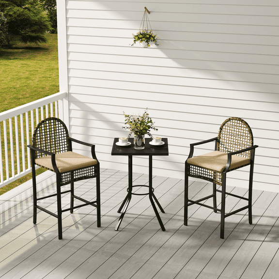 Guyou 3 Piece Patio Bar Set Outdoor Wicker Counter Height Bar Stools with Soft Cushions, Patio Bar Table Sets for Outside, Bar Height Patio Set with High Table, Khaki