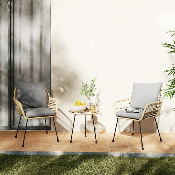 Guyou 3 Pieces Patio Bistro Set, Outdoor Wicker Chair Chat Set with Glass Top Table and Cushions, Rattan Conversation Set for Balcony, Lawn, Garden, Poolside, Grey