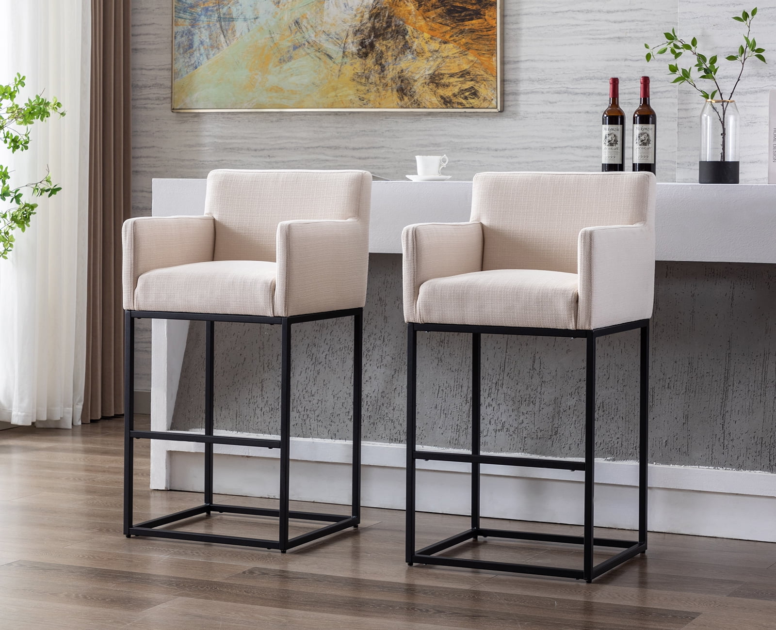 Guyou 30.75" Modern Bar Stools Set of 2, Linen Upholstered Counter Height Bar Stool with Back and Arms, Kitchen Island Stool with Black Metal Frame for Home Bar Restaurant, Cream
