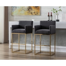 Guyou 30.75" Modern Bar Stools Set of 2, Linen Upholstered Counter Height Bar Stool with Back and Arms, Kitchen Island Stool with Gold Metal Frame for Home Bar Restaurant, Charcoal