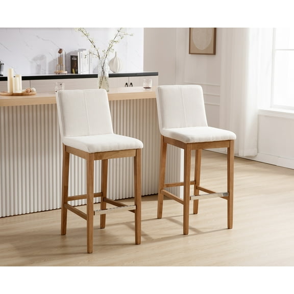 Guyou 30" Bar Stools Set of 2, Modern Linen Upholstered Kitchen Island Chairs, Rustic Farmhouse Wooden Barstools with Backrest and Footrest for Dining Room Home Bar Patio Club, Beige