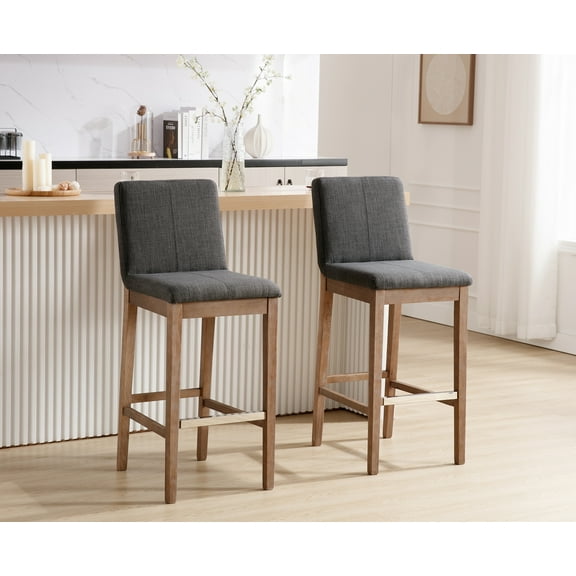 Guyou 30" Bar Stools Set of 2, Modern Linen Upholstered Kitchen Island Chairs, Rustic Farmhouse Wooden Barstools with Backrest and Footrest for Dining Room Home Bar Patio Club, Charcoal
