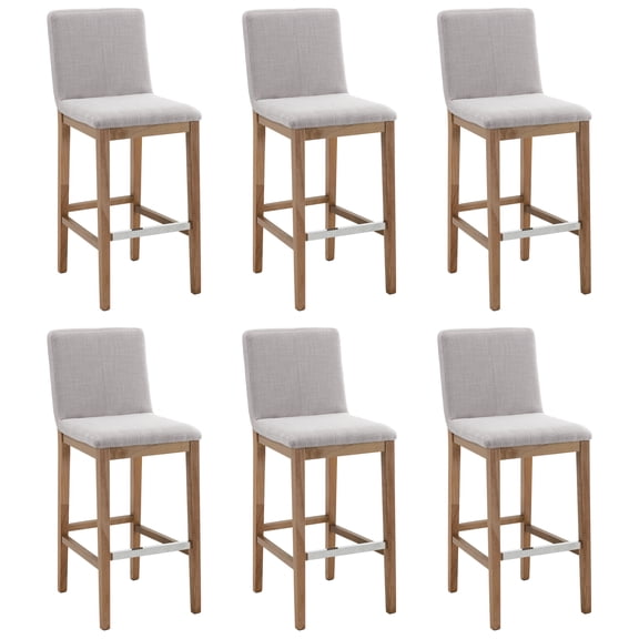 Guyou 30" Bar Stools Set of 6, Modern Linen Upholstered Kitchen Island Chairs, Rustic Farmhouse Wooden Barstools with Backrest and Footrest for Dining Room Home Bar Patio Club, Grey
