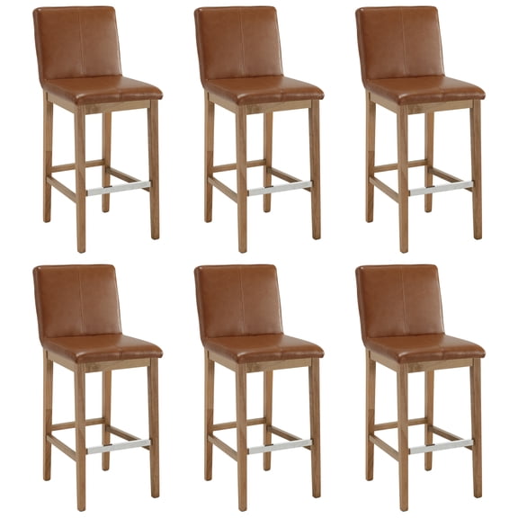 Guyou 30" Bar Stools Set of 6, Modern PU Upholstered Kitchen Island Chairs, Rustic Farmhouse Wooden Barstools with Backrest and Footrest for Dining Room Home Bar Patio Club, Brown