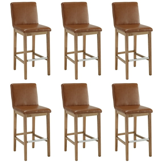 Guyou 30" Bar Stools Set of 6, Modern PU Upholstered Kitchen Island Chairs, Rustic Farmhouse Wooden Barstools with Backrest and Footrest for Dining Room Home Bar Patio Club, Brown