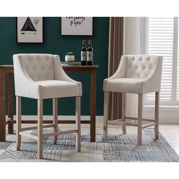 Guyou 30" Counter Height Bar Stools Set of 2, Mid Century Linen Tufted Farmhouse Bar Chairs with Back for Home Bar Club Kitchen Island, Beige