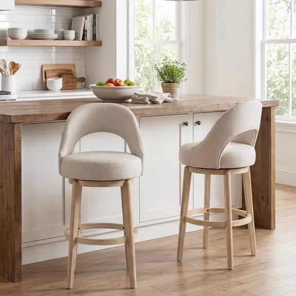 Guyou 30" Swivel Bar Stools Set of 2, Chenille Upholstered Barstools with Curved Back and Round Footrest, Modern Wooden Tall Kitchen Bar Chairs for Home Bar Pub Cafe, Beige