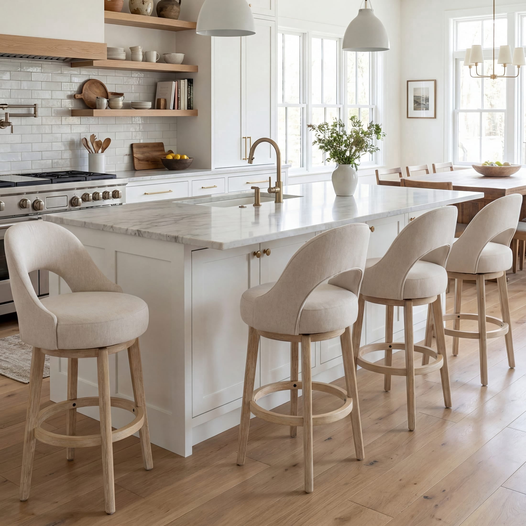 Guyou 30" Swivel Bar Stools Set of 4, Chenille Upholstered Barstools with Curved Back and Round Footrest, Modern Wooden Tall Kitchen Bar Chairs for Home Bar Pub Cafe, Beige