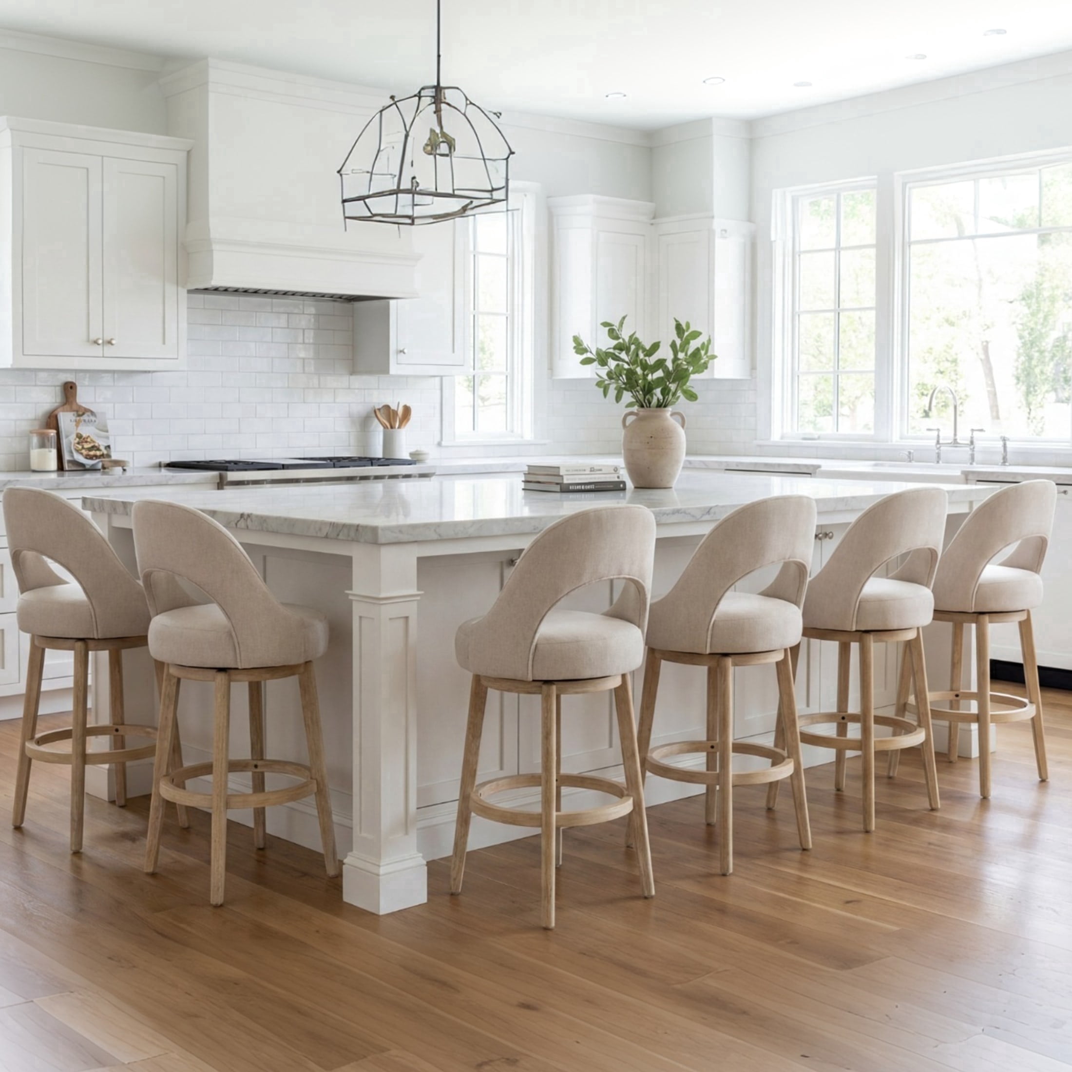 Guyou 30" Swivel Bar Stools Set of 6, Chenille Upholstered Barstools with Curved Back and Round Footrest, Modern Wooden Tall Kitchen Bar Chairs for Home Bar Pub Cafe, Beige