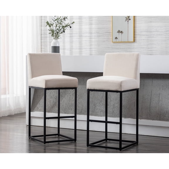 Guyou 31" Height Linen Upholstered Bar Stool, Modern Metal Counter Height Stool with Mid Backrest and Footrest for Kitchen Island Bar Restaurant, Cream (Set of 2)