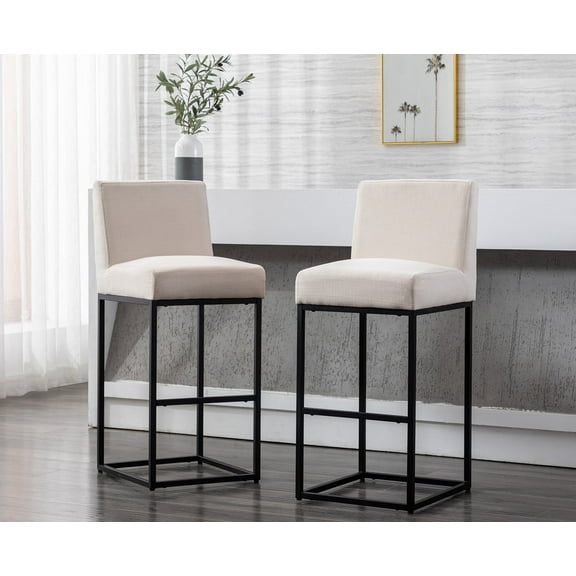 Guyou 31" Height Linen Upholstered Bar Stool, Modern Metal Counter Height Stool with Mid Backrest and Footrest for Kitchen Island Bar Restaurant, Cream (Set of 2)