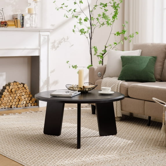 Guyou 32" Round Coffee Table, French Farmhouse Solid Wood Side Table, Modern Accent Table for Living Room Bedroom Office Sofa Side, Black
