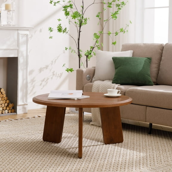 Guyou 32" Round Coffee Table, French Farmhouse Solid Wood Side Table, Modern Accent Table for Living Room Bedroom Office Sofa Side, Walnut