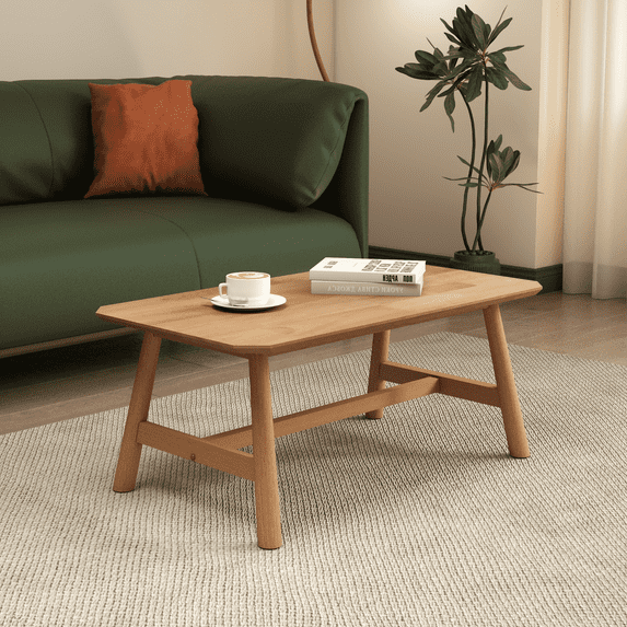 Guyou 35.5” Coffee Table, Rectangle Coffee Tables with Wood Legs for Living Room Bedroom, Natural Wood Color