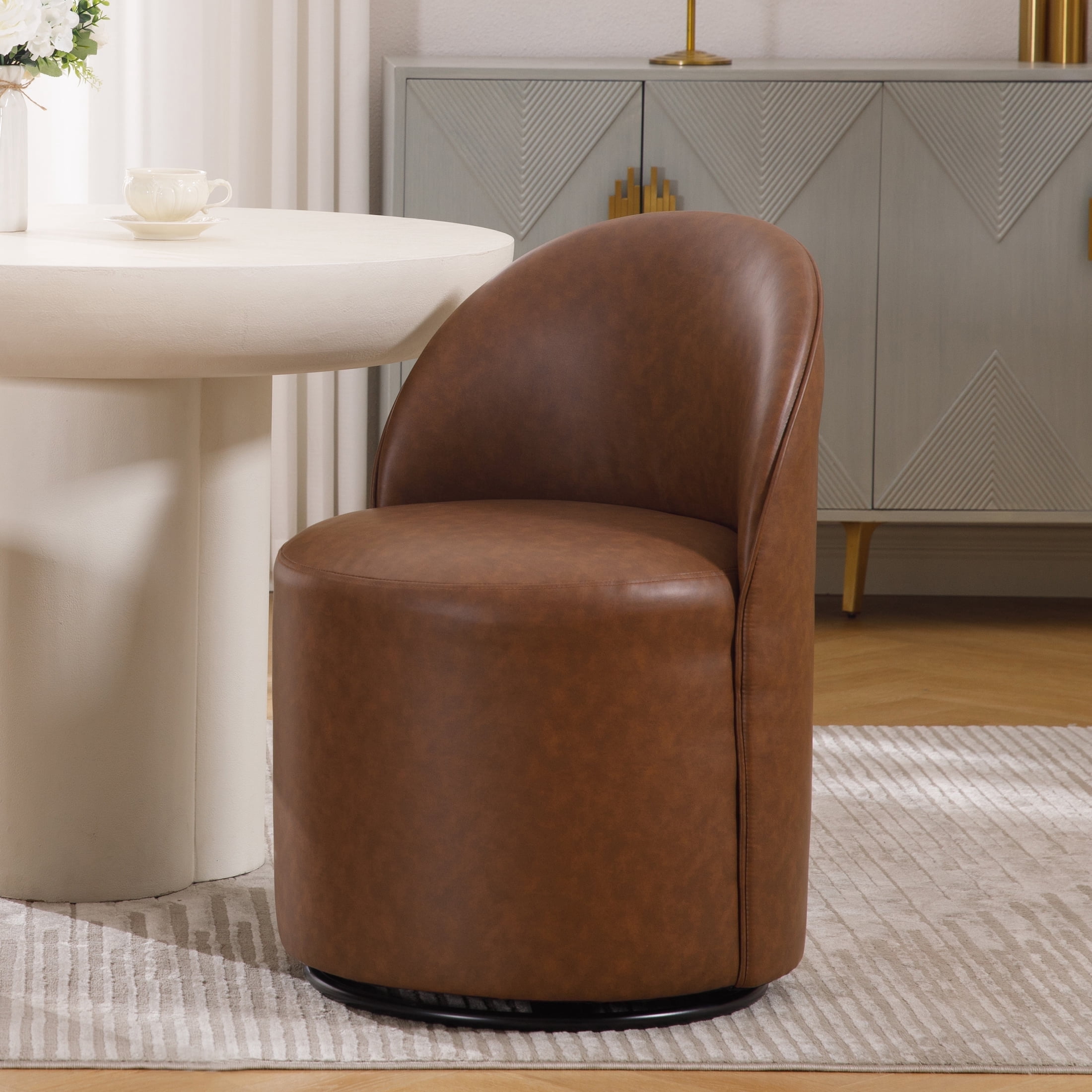 Guyou 360° Swivel Barrel Dining Chair Set of 1, Mid-Century Modern Upholstered Barrel Accent Chair, PU Round Vanity Chair for Dining Room Living Room Bedroom, Brown