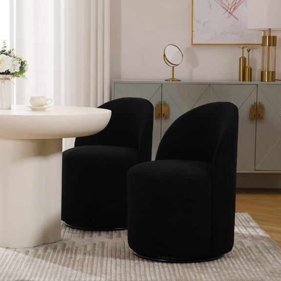 Guyou 360° Swivel Barrel Dining Chair Set of 2, Mid-Century Modern Upholstered Barrel Accent Chair, Sherpa Round Vanity Chair for Dining Room Living Room Bedroom, Black