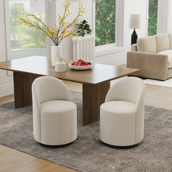 Guyou 360° Swivel Barrel Dining Chair Set of 2, Mid-Century Modern Upholstered Barrel Accent Chair, Velvet Round Vanity Chair for Dining Room Living Room Bedroom, White