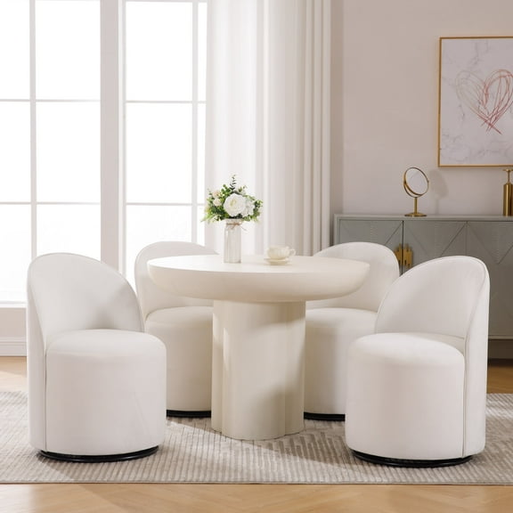 Guyou 360° Swivel Barrel Dining Chair Set of 4, Mid-Century Modern Upholstered Barrel Accent Chair, Velvet Round Vanity Chair for Dining Room Living Room Bedroom, White