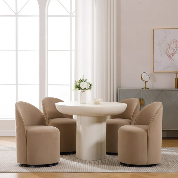 Guyou 360° Swivel Barrel Dining Chair Set of 4, Mid-Century Modern Upholstered Barrel Accent Chair, Velvet Round Vanity Chair for Dining Room Living Room Bedroom, Khaki