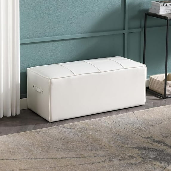 Guyou 40.25 inches Rectangle Ottoman Bench Upholstered Faux Leather Entryway Bench End of Bed Bench Seat Footrest Stools for Living Room Bedroom Dining Room Hallway,Waterproof, White PU